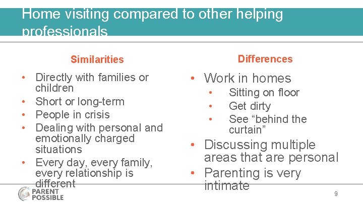 Home visiting compared to other helping professionals Differences Similarities • Directly with families or