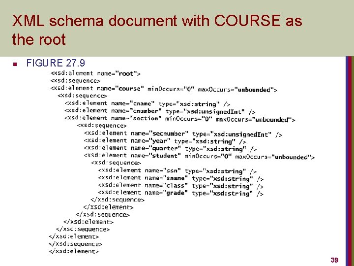 XML schema document with COURSE as the root n FIGURE 27. 9 39 