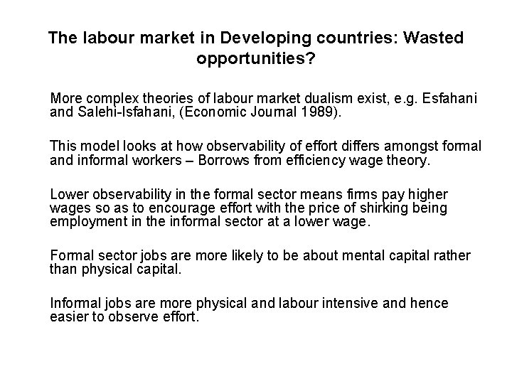 The labour market in Developing countries: Wasted opportunities? More complex theories of labour market