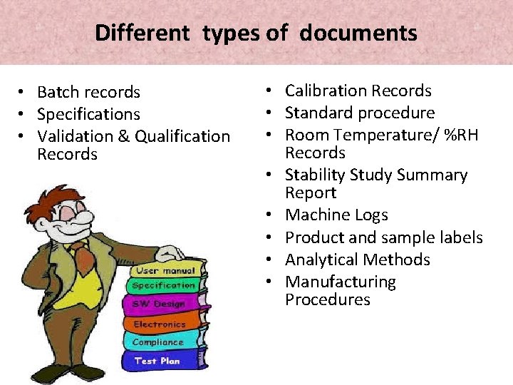 Different types of documents • Batch records • Specifications • Validation & Qualification Records