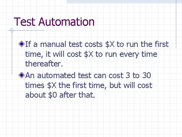 Test Automation If a manual test costs $X to run the first time, it