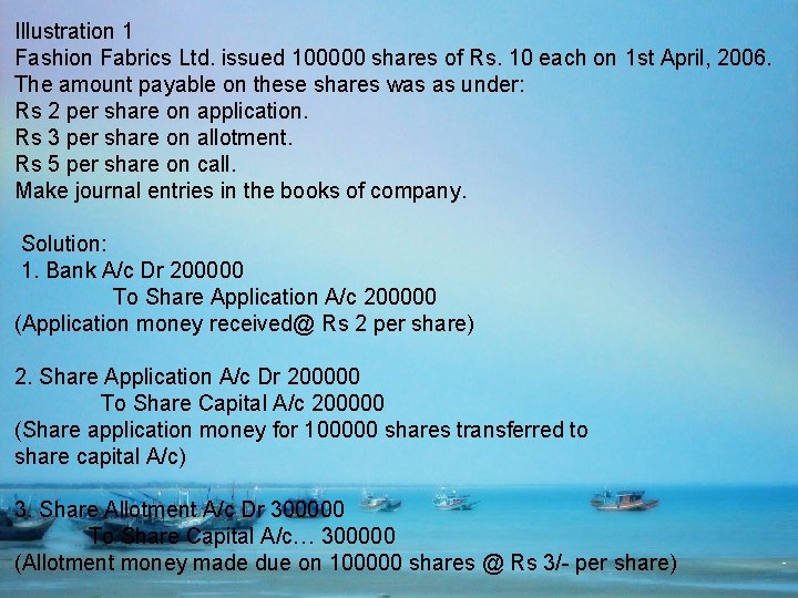 Illustration 1 Fashion Fabrics Ltd. issued 100000 shares of Rs. 10 each on 1