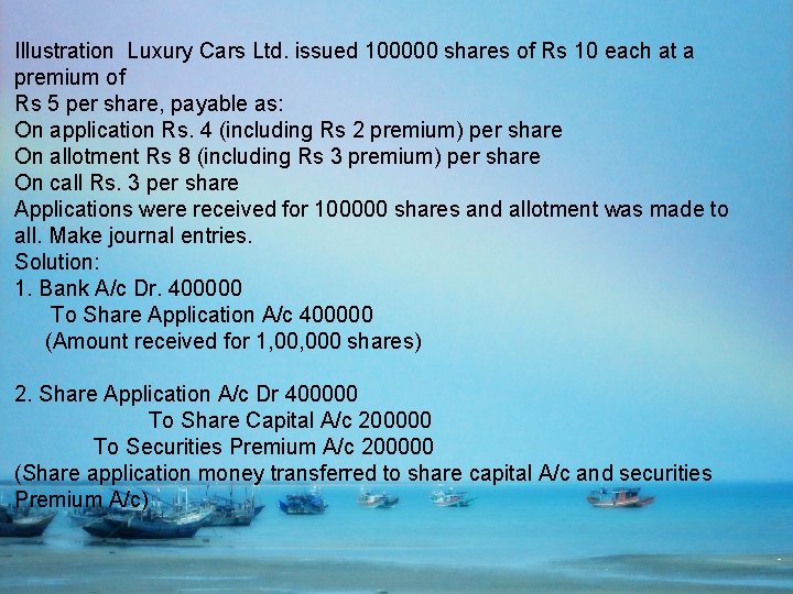 Illustration Luxury Cars Ltd. issued 100000 shares of Rs 10 each at a premium