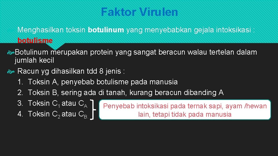 Faktor Virulen Menghasilkan toksin botulinum yang menyebabkan gejala intoksikasi : botulisme Botulinum merupakan protein