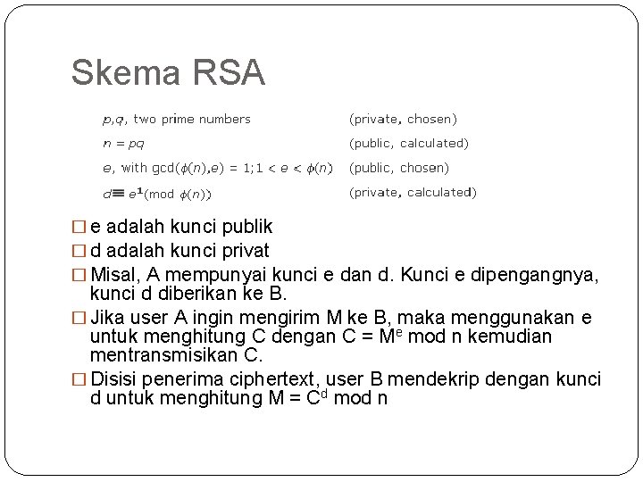 Skema RSA � e adalah kunci publik � d adalah kunci privat � Misal,