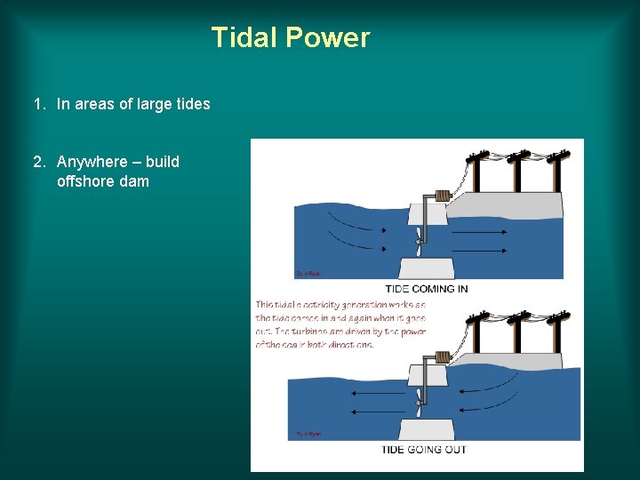 Tidal Power 1. In areas of large tides 2. Anywhere – build offshore dam