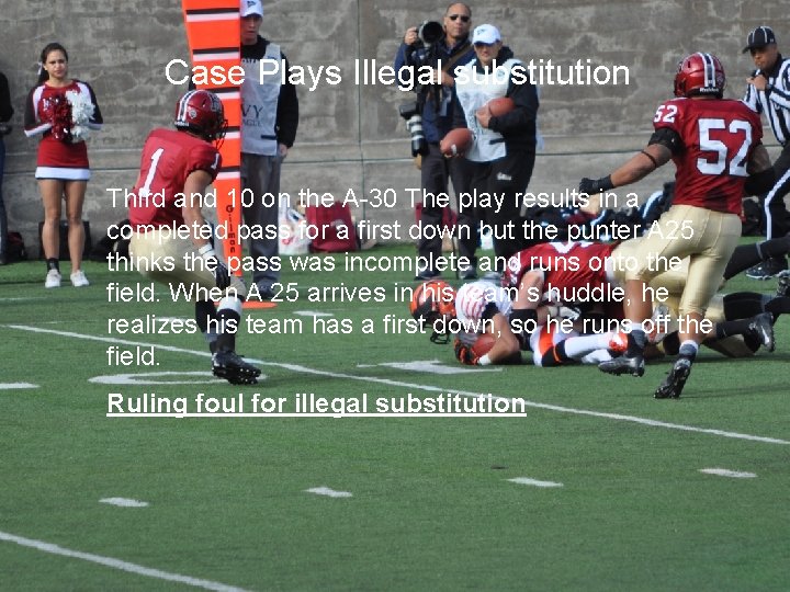 Case Plays Illegal substitution Third and 10 on the A-30 The play results in