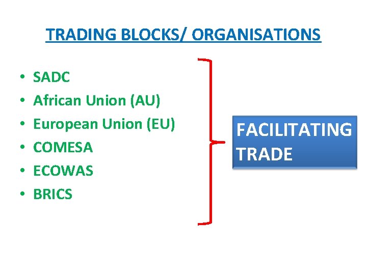 TRADING BLOCKS/ ORGANISATIONS • • • SADC African Union (AU) European Union (EU) COMESA