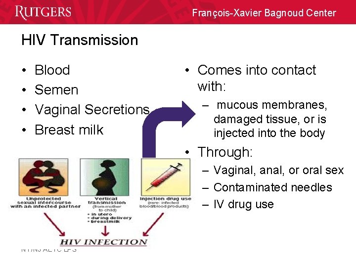 François-Xavier Bagnoud Center HIV Transmission • • Blood Semen Vaginal Secretions Breast milk •