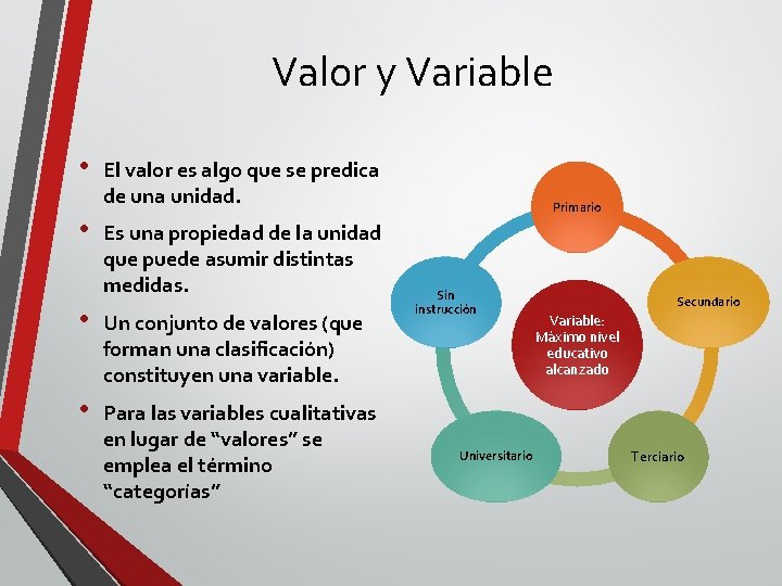 Valor y Variable • • El valor es algo que se predica de una