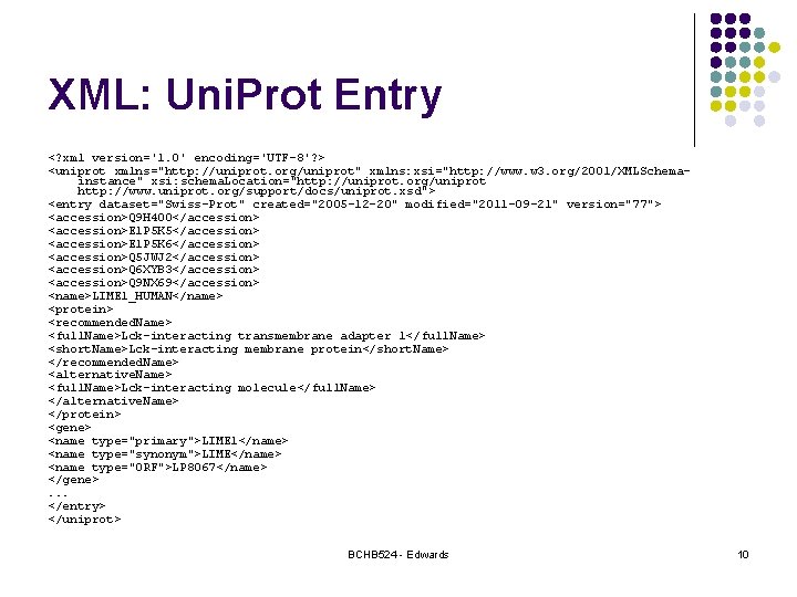 XML: Uni. Prot Entry <? xml version='1. 0' encoding='UTF-8'? > <uniprot xmlns="http: //uniprot. org/uniprot"