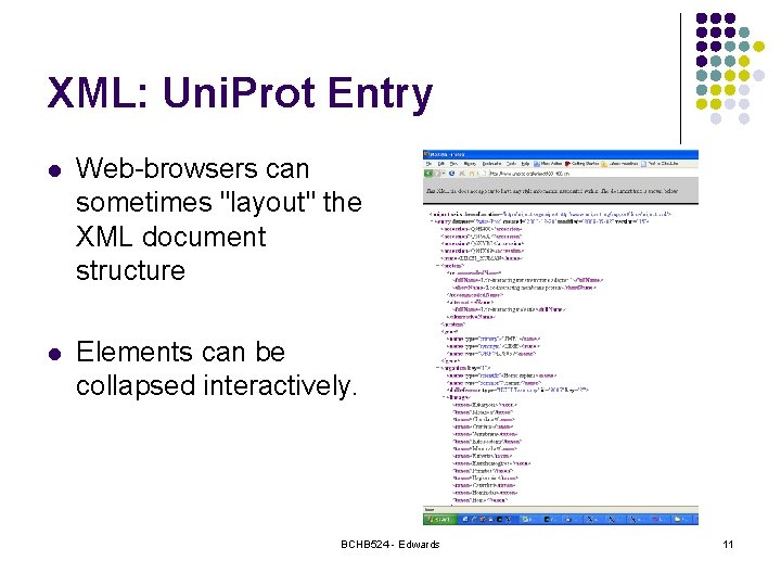XML: Uni. Prot Entry l Web-browsers can sometimes "layout" the XML document structure l