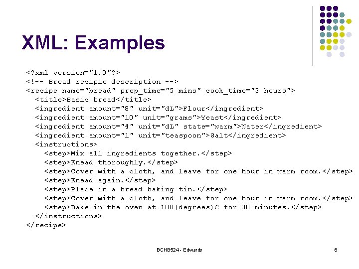 XML: Examples <? xml version="1. 0"? > <!-- Bread recipie description --> <recipe name="bread"