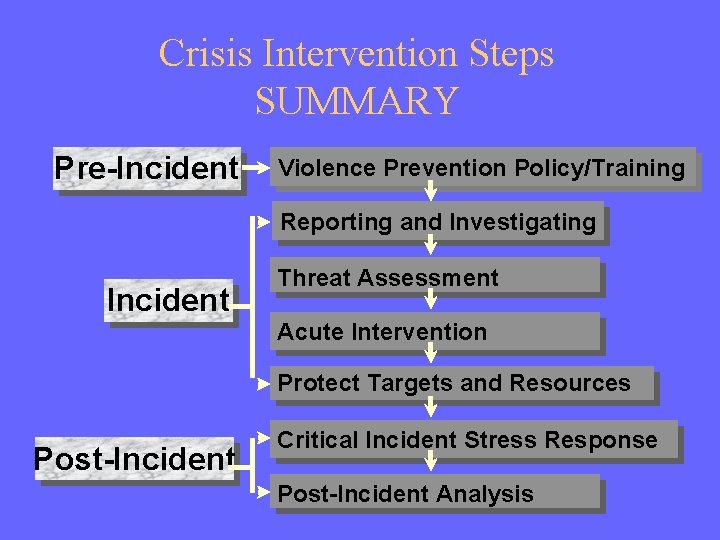 Crisis Intervention Steps SUMMARY Pre-Incident Violence Prevention Policy/Training Reporting and Investigating Incident Threat Assessment