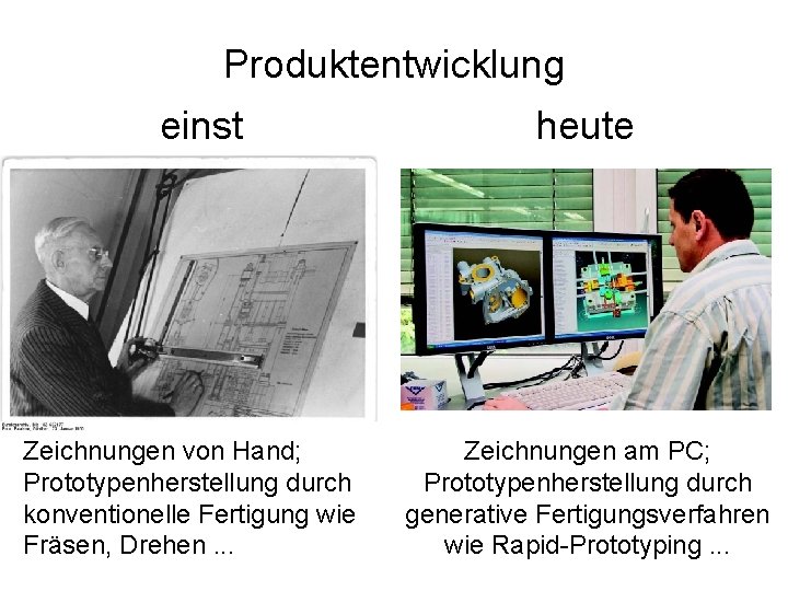 Produktentwicklung einst Zeichnungen von Hand; Prototypenherstellung durch konventionelle Fertigung wie Fräsen, Drehen. . .