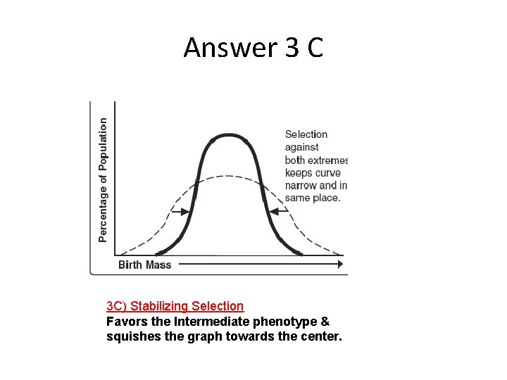 Answer 3 C 3 C) Stabilizing Selection Favors the Intermediate phenotype & squishes the