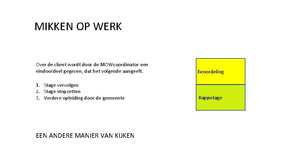 MIKKEN OP WERK Over de client wordt door de MOWcoordinator een eindoordeel gegeven, dat