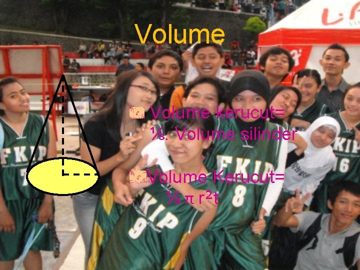 Volume kerucut= ⅓. Volume silinder Volume Kerucut= ⅓ π r²t 