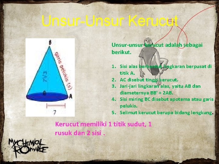 Unsur-Unsur Kerucut Unsur-unsur kerucut adalah sebagai berikut. 1. Sisi alas berbentuk lingkaran berpusat di