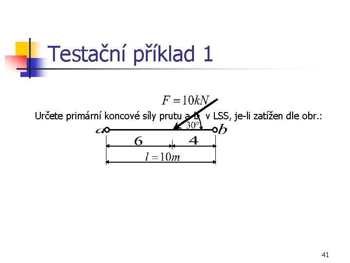 Testační příklad 1 Určete primární koncové síly prutu a-b v LSS, je-li zatížen dle