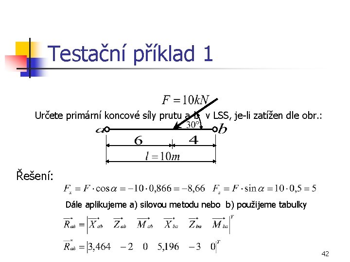 Testační příklad 1 Určete primární koncové síly prutu a-b v LSS, je-li zatížen dle