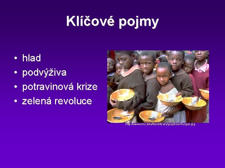 Klíčové pojmy • • hlad podvýživa potravinová krize zelená revoluce http: //www. shc. edu/theolibrary/graphics/hunger.