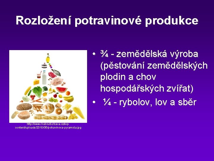 Rozložení potravinové produkce • ¾ - zemědělská výroba (pěstování zemědělských plodin a chov hospodářských