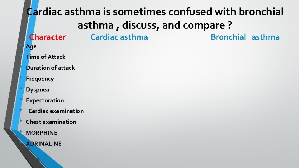 Cardiac asthma is sometimes confused with bronchial asthma , discuss, and compare ? •