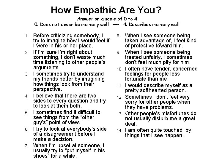How Empathic Are You? Answer on a scale of 0 to 4 0: Does