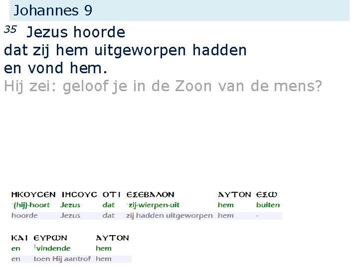 Johannes 9 Jezus hoorde dat zij hem uitgeworpen hadden en vond hem. Hij zei: