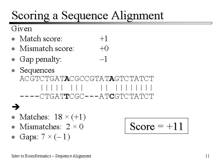 Scoring a Sequence Alignment Given · Match score: +1 · Mismatch score: +0 · Scoring a Sequence Alignment Given · Match score: +1 · Mismatch score: +0 ·