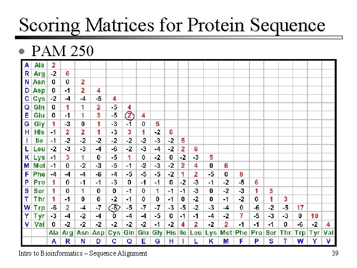 Scoring Matrices for Protein Sequence · PAM 250 Intro to Bioinformatics – Sequence Alignment Scoring Matrices for Protein Sequence · PAM 250 Intro to Bioinformatics – Sequence Alignment