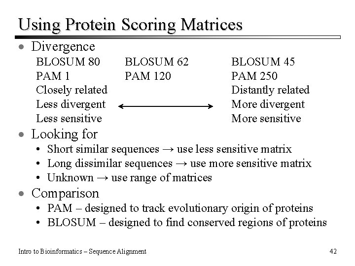 Using Protein Scoring Matrices · Divergence BLOSUM 80 PAM 1 Closely related Less divergent Using Protein Scoring Matrices · Divergence BLOSUM 80 PAM 1 Closely related Less divergent