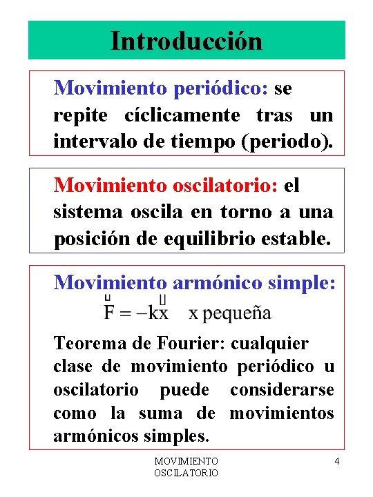 Introducción Movimiento periódico: se repite cíclicamente tras un intervalo de tiempo (periodo). Movimiento oscilatorio: