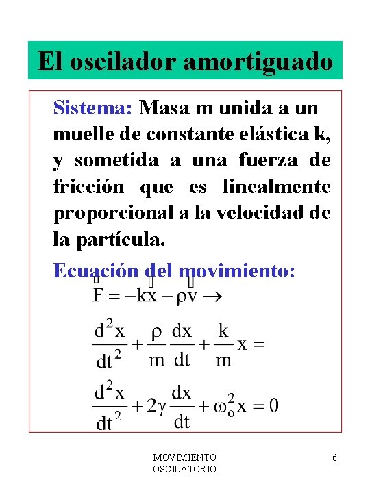 El oscilador amortiguado Sistema: Masa m unida a un muelle de constante elástica k,