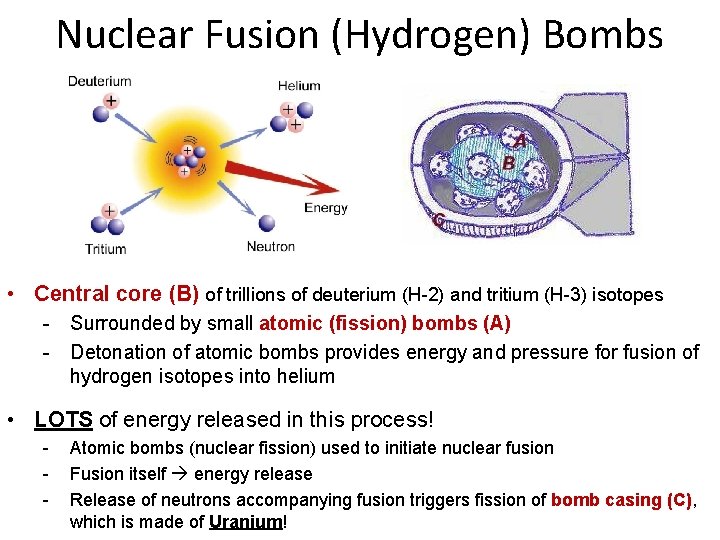 Nuclear Fusion (Hydrogen) Bombs • Central core (B) of trillions of deuterium (H-2) and