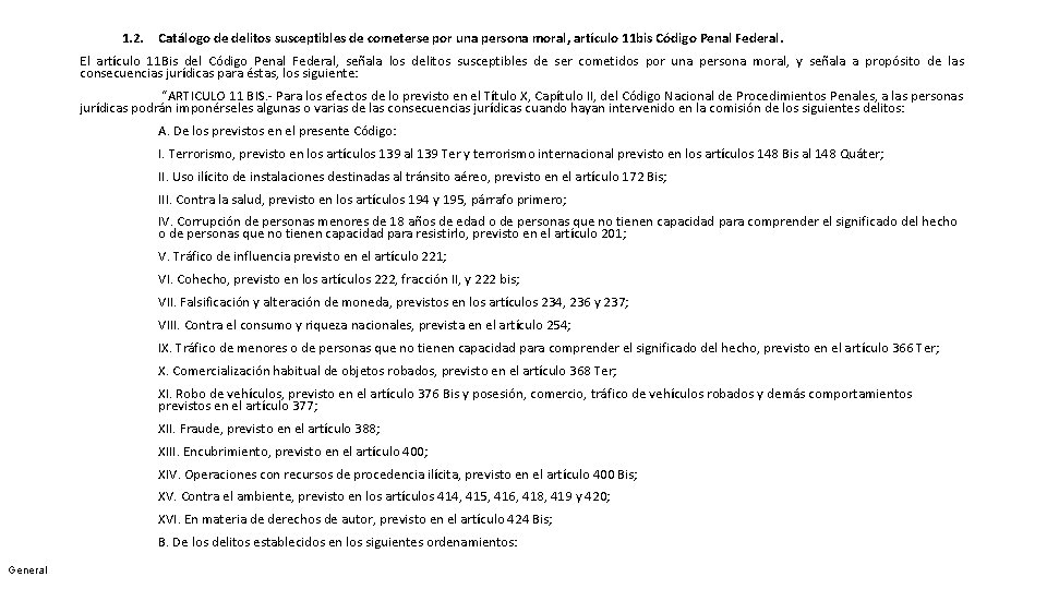  1. 2. Catálogo de delitos susceptibles de cometerse por una persona moral, artículo