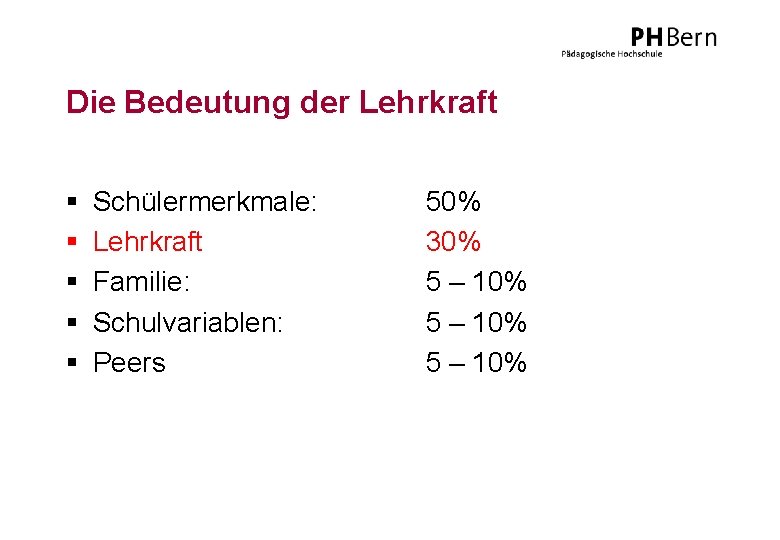 Die Bedeutung der Lehrkraft § § § Schülermerkmale: Lehrkraft Familie: Schulvariablen: Peers 50% 30%