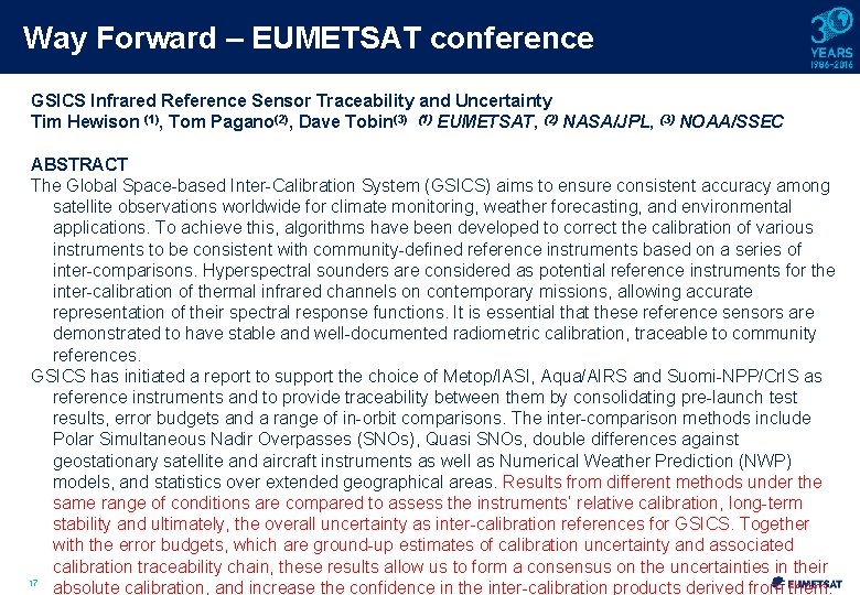 Way Forward – EUMETSAT conference GSICS Infrared Reference Sensor Traceability and Uncertainty Tim Hewison