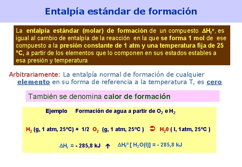 Entalpía estándar de formación La entalpía estándar (molar) de formación de un compuesto Hfo,