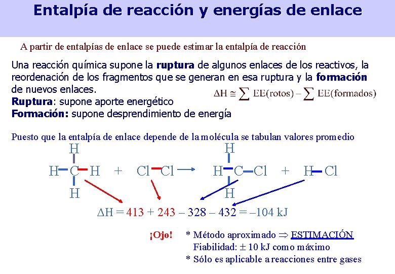 Entalpía de reacción y energías de enlace A partir de entalpías de enlace se