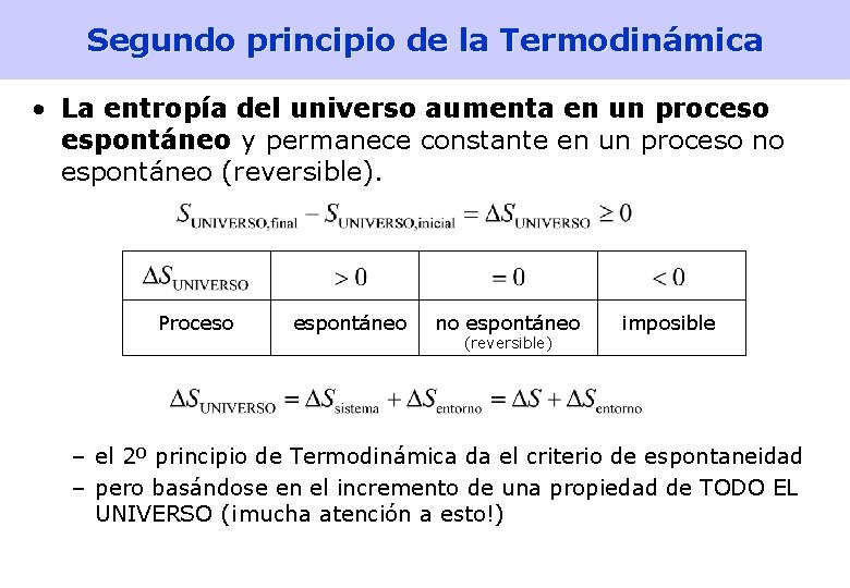 Segundo principio de la Termodinámica • La entropía del universo aumenta en un proceso