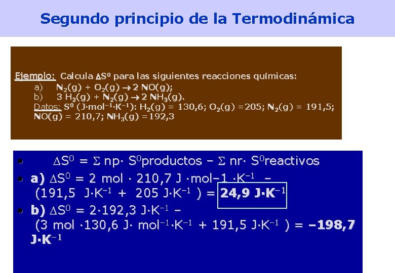 Segundo principio de la Termodinámica Ejemplo: Calcula S 0 para las siguientes reacciones químicas: