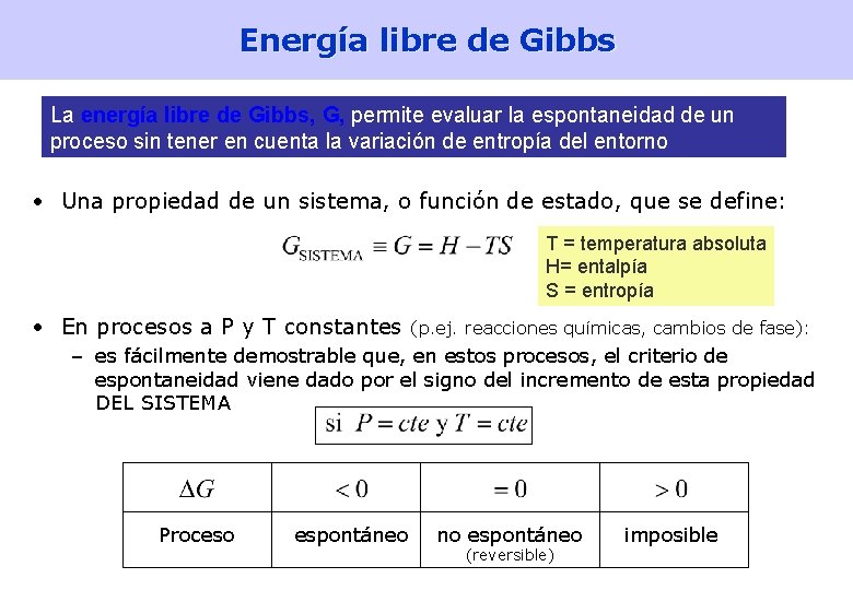 Energía libre de Gibbs La energía libre de Gibbs, G, permite evaluar la espontaneidad