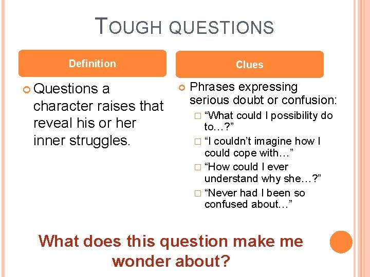 TOUGH QUESTIONS Definition Questions a character raises that reveal his or her inner struggles.