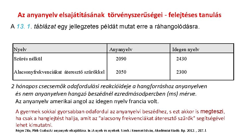 Az anyanyelv elsajátításának törvényszerűségei felejtéses tanulás A 13. 1. táblázat egy jellegzetes példát mutat