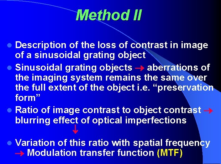 Method II Description of the loss of contrast in image of a sinusoidal grating
