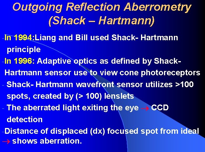 Outgoing Reflection Aberrometry (Shack – Hartmann) -In 1994: Liang and Bill used Shack- Hartmann