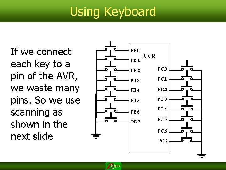 Using Keyboard If we connect each key to a pin of the AVR, we