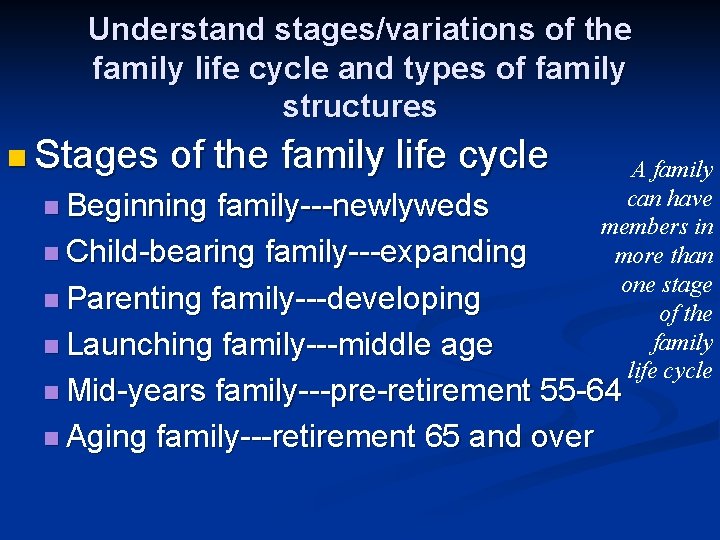 Understand stages/variations of the family life cycle and types of family structures n Stages